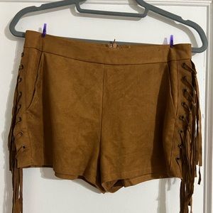 Brown suede lace up shorts- size S